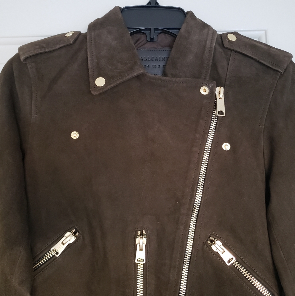 Allsaints suede balfern biker jacket in dark green womens size 2 - Picture 3 of 16